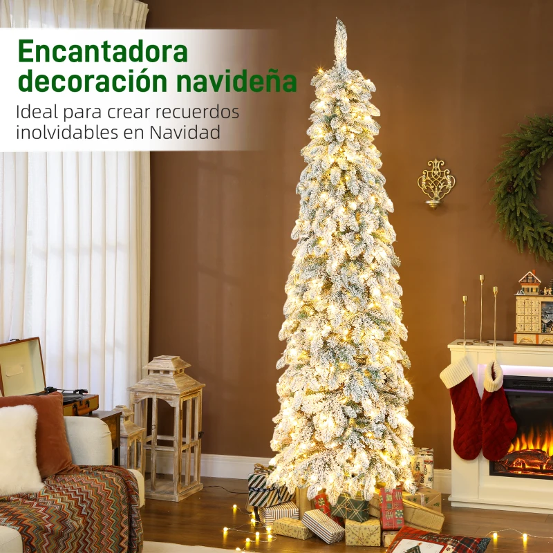 HOMCOM Árbol de Navidad Estrecho 225 cm con Luces LED Bicolores 11 Modos de Iluminación Temporizador 800 Ramas Verde