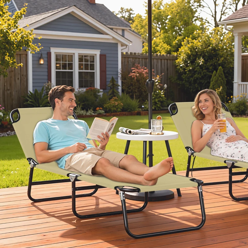 Outsunny Foldable Sun Lounger with 5-Position Adjustable Backrest, Outdoor Portable Recliner Chaise Lounge Chair with Breathable Mesh Fabric, Beige