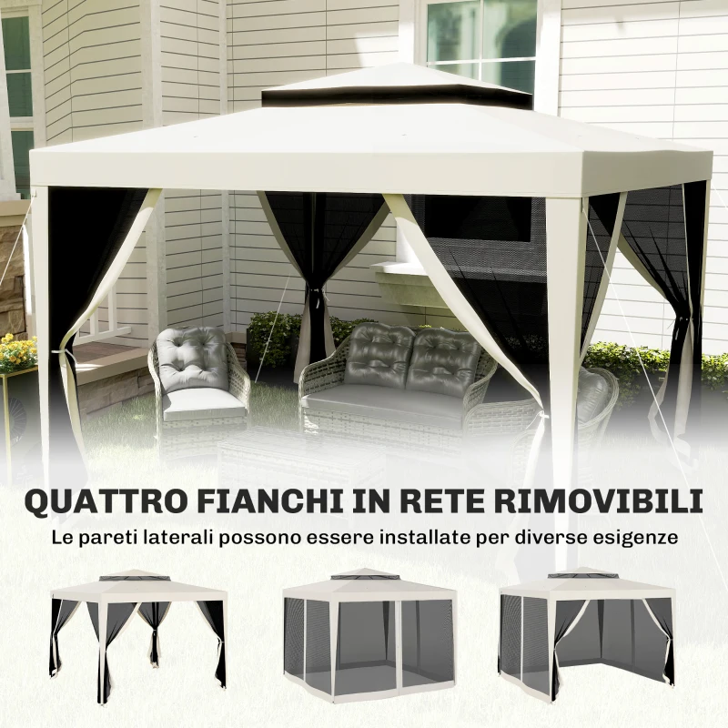 Outsunny Gazebo da Giardino 3x3 m con Zanzariera, Doppio Tetto e 8 Fori, in Acciaio e Poliestere Bianco Crema