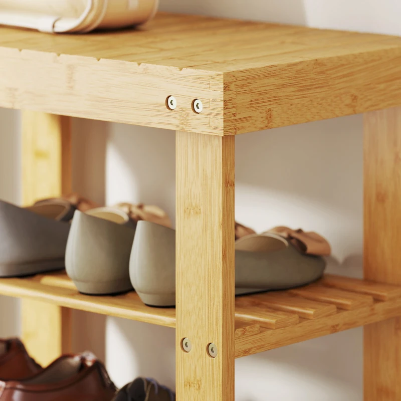 HOMCOM Two Shelf Bamboo Shoe Storage Bench - Natural Finish