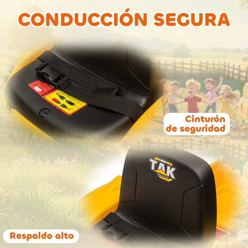 AIYAPLAY Tractor Eléctrico para Niños con Remolque Desmontable y Pala Batería 12V Motor Doble Control Remoto 2,4G Luces Música