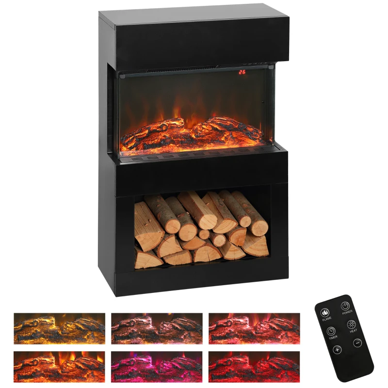 HOMCOM Camino Elettrico con Effetto Fiamma 3D Colorata, 1000W/2000W con Temperatura Regolabile e Telecomando, Nero