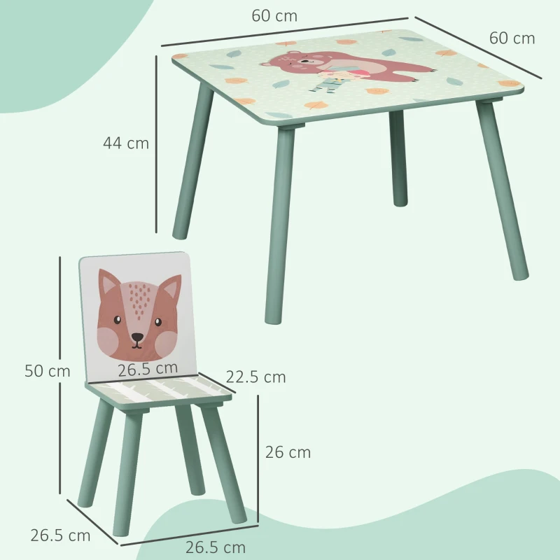 ZONEKIZ Set Tavolo e Sedie 3 Pezzi per Bambini 3-8 Anni in MDF e Legno di Pino, Verde