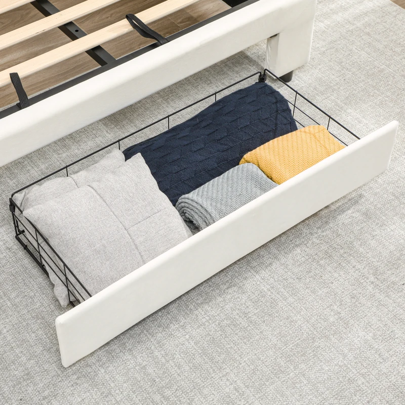 HOMCOM Double Ottoman Bed Frame, with Front Drawer - Cream