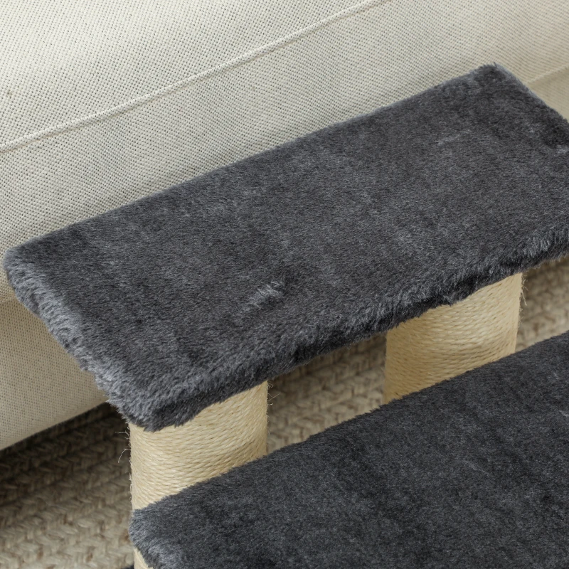 PawHut Escalera de 3 Peldaños para Mascotas con Cubierta Suave Poste Rascador Escaleras Auxiliar de Animales Pequeños 45x35x34 cm Gris