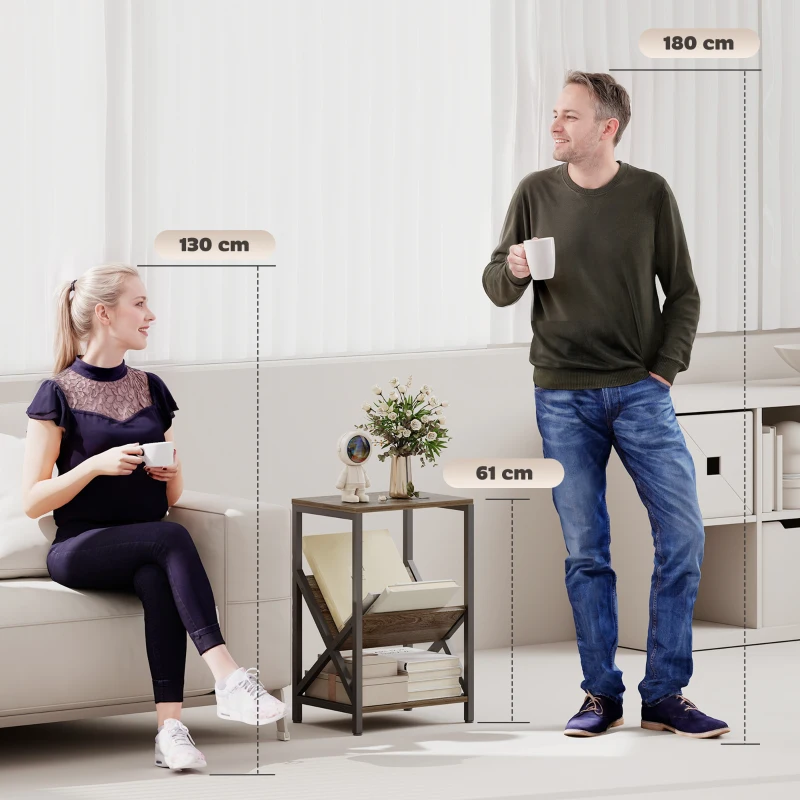 HOMCOM Narrow Side Table, End Table with 3-Tier Storage, V-Shaped Magazine Holder for Living Room, Bedroom, 40 x 30 x 61cm, Oak