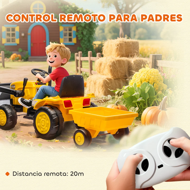 AIYAPLAY Tractor Eléctrico para Niños con Remolque Desmontable y Pala Batería 12V Motor Doble Control Remoto 2,4G Luces Música