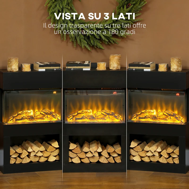 HOMCOM Camino Elettrico con Effetto Fiamma 3D Colorata, 1000W/2000W con Temperatura Regolabile e Telecomando, Nero