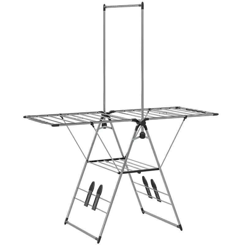 HOMCOM Wäscheständer faltbar Standtrockner mit verstellbare Flügel, Schuhhaltern, Edelstahl, 156,5 x 68 x 192 cm, Silber
