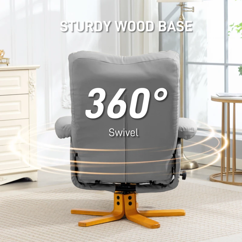 HOMCOM PU Leather Swivel Recliner Chair with Footstool, Wooden Base and Storage for Living Room, Light Grey