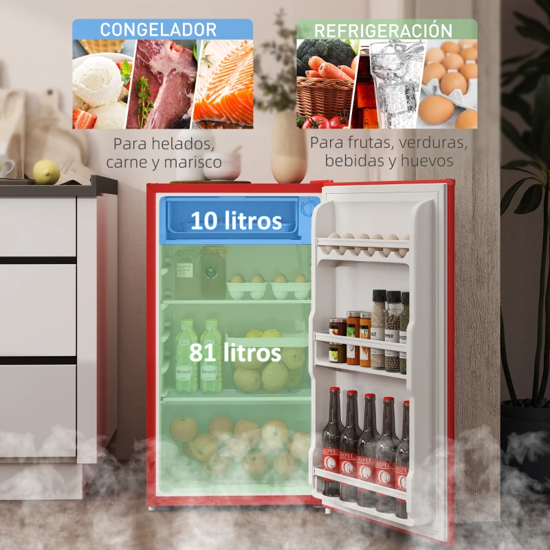 HOMCOM Nevera Pequeña con Congelador 91L Silenciosa Puerta Reversible Temperatura Regulable y Estantes Ajustables Rojo