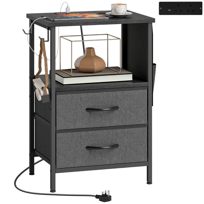 HOMCOM Mesita auxiliar con estación de carga, armazón de acero, puertos USB-C, cajones, ganchos, 40cm x 30cm x 60cm Negro