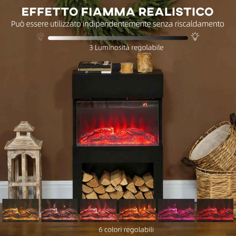 HOMCOM Camino Elettrico con Effetto Fiamma 3D Colorata, 1000W/2000W con Temperatura Regolabile e Telecomando, Nero