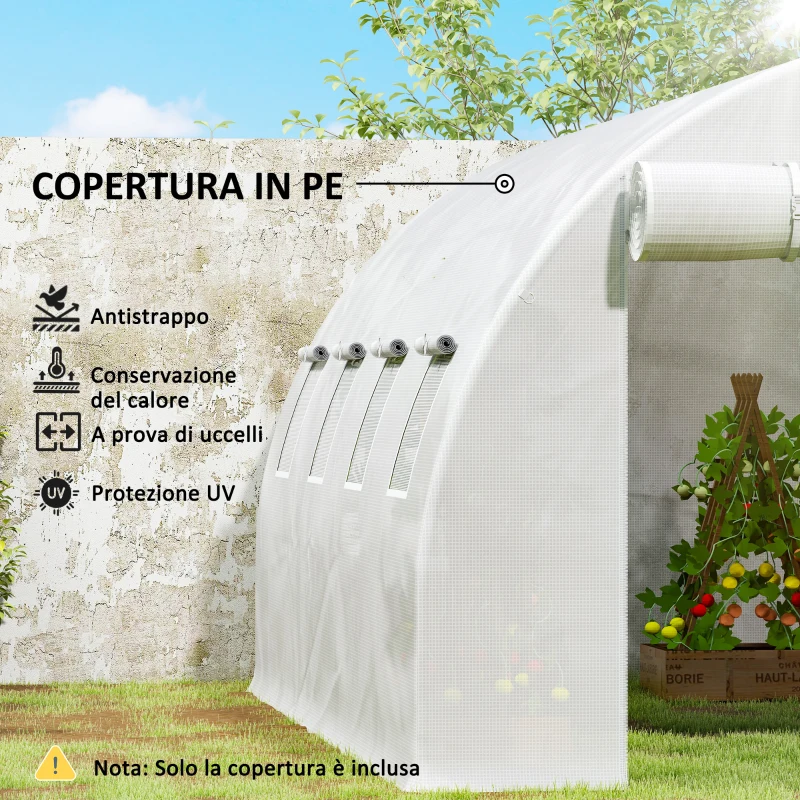 Outsunny Telo Serra in PE con 8 Finestre, Porta Avvolgibile e Bordi Interrati, 4x3x2 m, Bianco