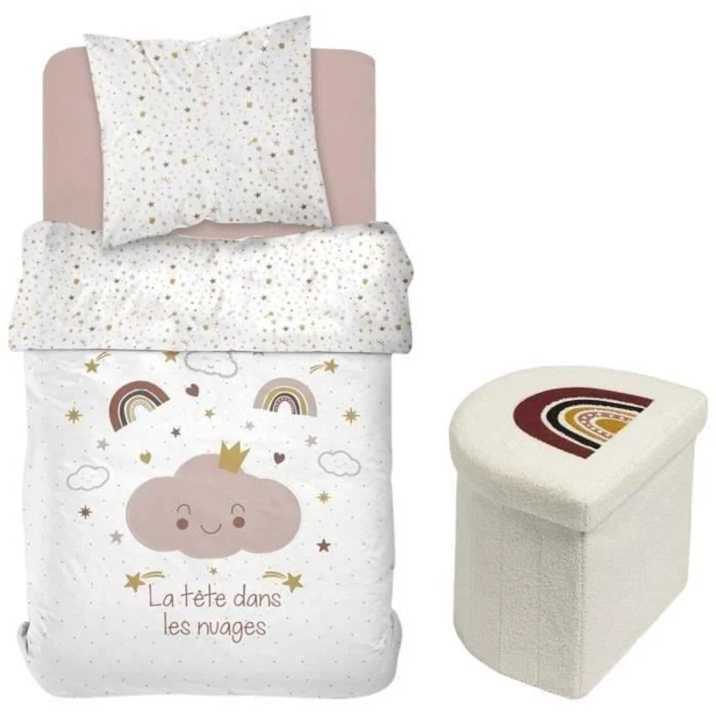 Ensemble parure de lit enfant + coffre de rangement pouf pliable - TODAY - ARC EN CIEL - 140 x 200 cm - Coton