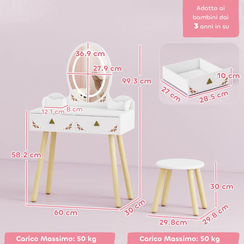 AIYAPLAY Set Toeletta per Bambini da 3 Anni con Specchio Illuminato e Sgabello, 2 Cassetti e 2 Scatole, Bianco