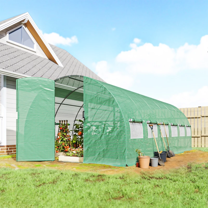 Outsunny Serra a Tunnel 6x3x2 m con Porta a Battente 12 Finestre con Zanzariera e Struttura in Acciaio Zincato Verde
