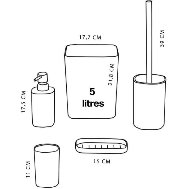 Set de 5 acc SDB - TODAY - UTILITY - Distr de savon, porte-brosse a dents, porte savon, brosse WC, poubelle - White