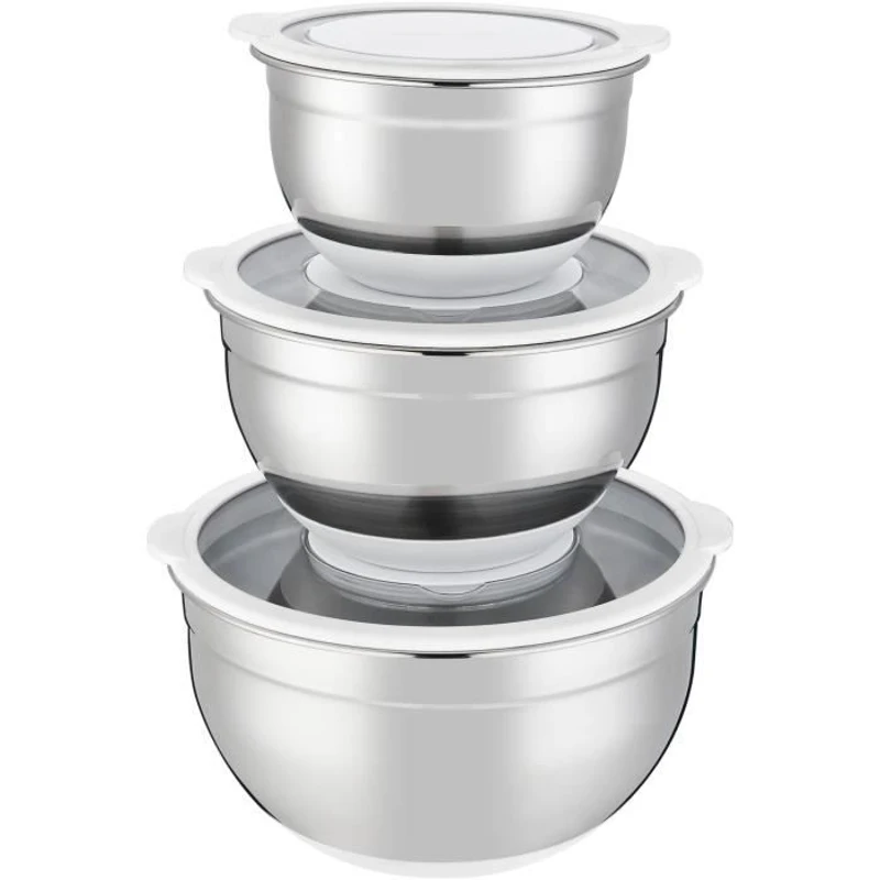 Set de saladiers - ARTHUR MARTIN - AM486 - 16-20-24 cm - Couvercles hermétiques - Acier inoxydable - Fond en silicone anti-dérapant