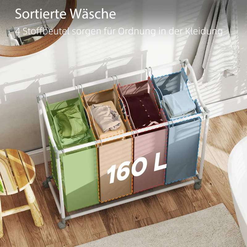HOMCOM Wäschekorb mit 4 Fächer 160 L Wäschesammler mit Rädern, herausnehmbarer Wäschesack, 97 x 38 x 81 cm, Grau