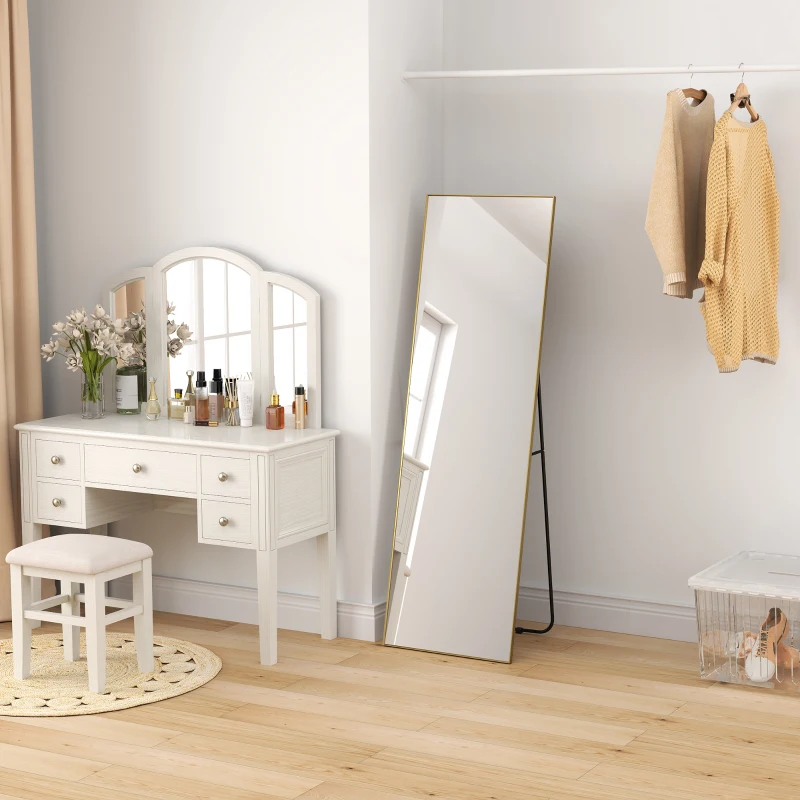 HOMCOM Grand miroir pleine longueur rectangulaire, 50 x 160 cm, miroir sur pied, mural ou pocé contre mur, doré