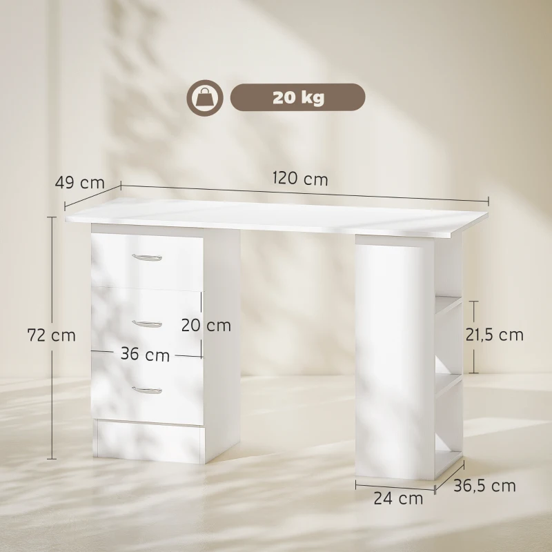 HOMCOM Schreibtisch Computertisch Bürotisch Arbeitstisch Regal mit 3 Schubladen Regale Weiß 120 x 49 x 72 cm