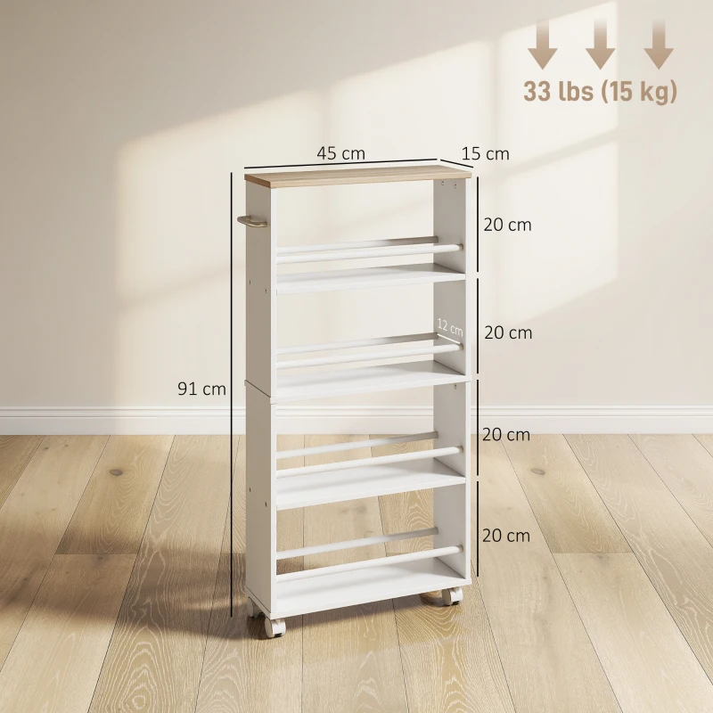 HOMCOM Étagère multifonction à roulettes, construction étroite, 4 compartiments, 45x15x91 cm, naturel