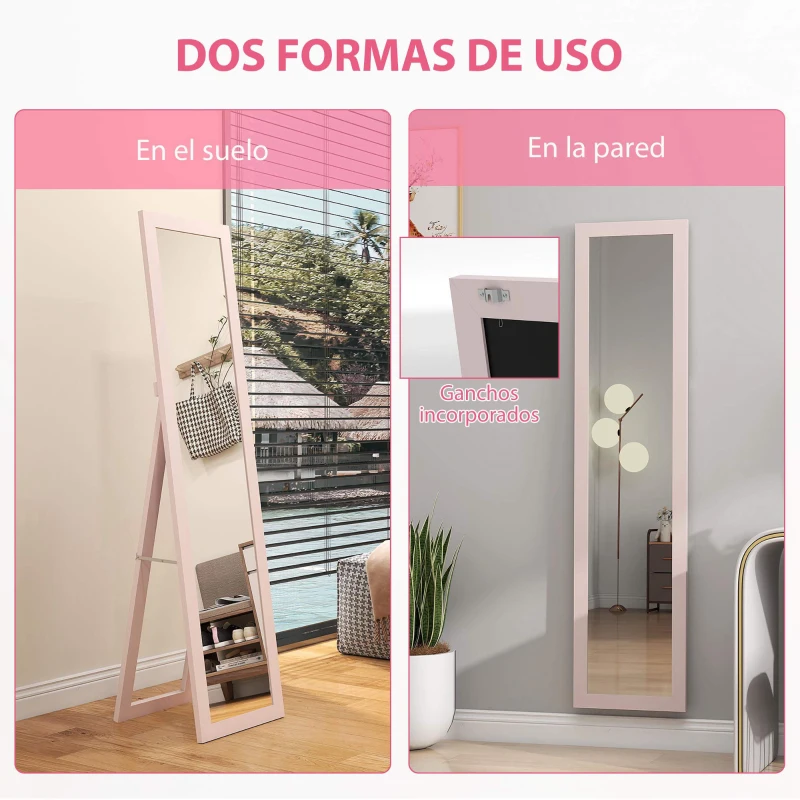 HOMCOM Espejo de Cuerpo Entero 157x37 cm con Marco de MDF Espejo de Pie Inclinado o Colgante Rosa Perla Claro