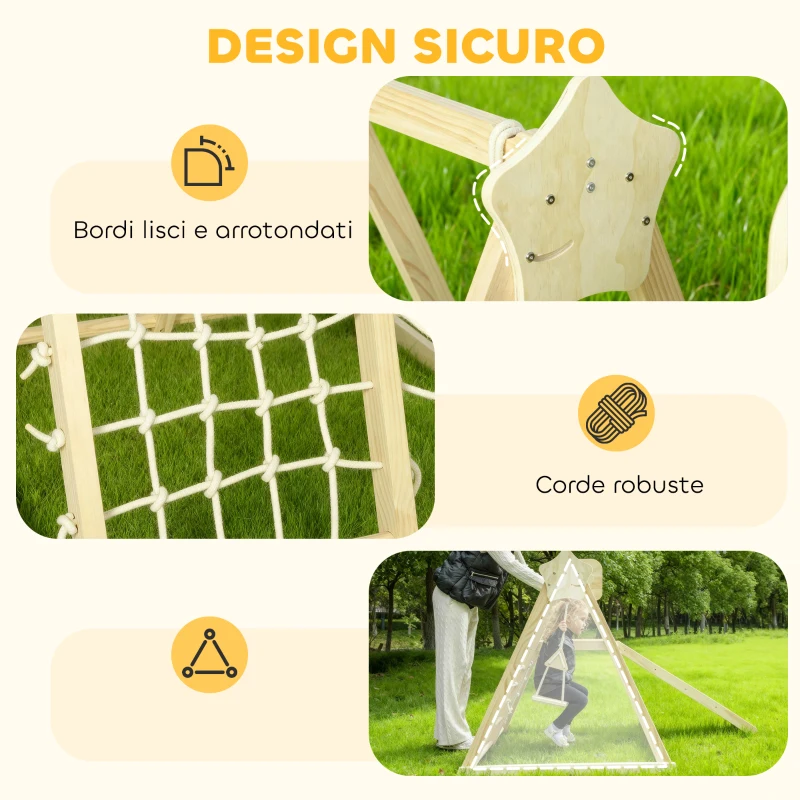 AIYAPLAY Gioco Arrampicata 5 in 1 Pieghevole con Scivolo, 2 Pareti, Altalena e Canestro, in Legno, 140x172.5x116.5 cm