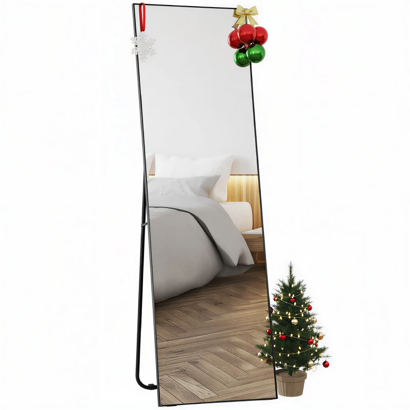 HOMCOM Grand miroir pleine longueur rectangulaire, 50 x 160 cm, miroir sur pied, mural ou pocé contre mur, noir