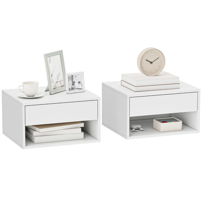 HOMCOM Set of 2 Wall-Mounted Bedside Tables, Nightstands, Drawer, Open Compartment, Top, 37 x 32 x 21 cm, White