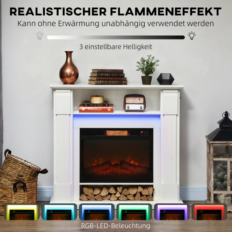 HOMCOM Elektrischer Kamin mit LED-Lichtern, realistischer Flammen-Effekt, 1800W, Kaminsims, 2 Fernbedienungen, Glas, Weiß