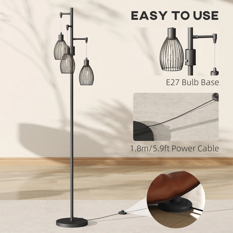 HOMCOM 3-Light LED Floor Lamp, 170cm Industrial Dimmable Standing Lamp with Steel Wire Cage Lampshades, 2700K for Living Room, Bedroom, Dining Room, Study, Black