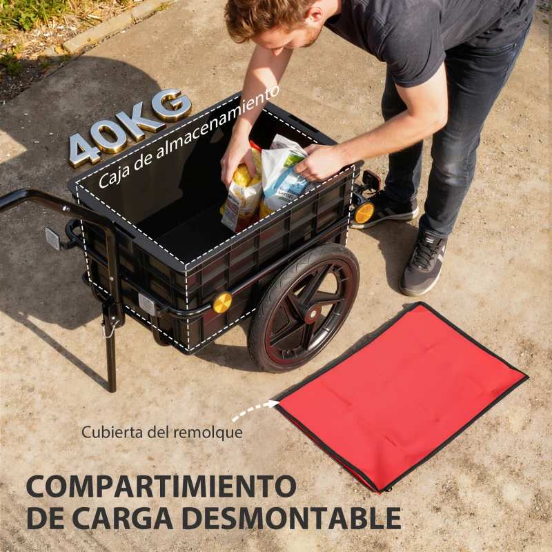 HOMCOM Remolque de Bicicleta 40 kg Cubierta de Tela Oxford con Reflectores y Marco de Acero 144x59x80 cm Rojo y Negro