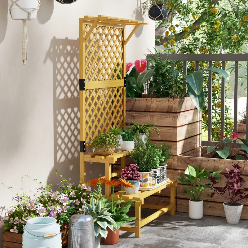 Outsunny Plantenstandaard, plantenrek, 2 niveaus, met klimrek & dak, vurenhout, 75x50x166cm, Geel
