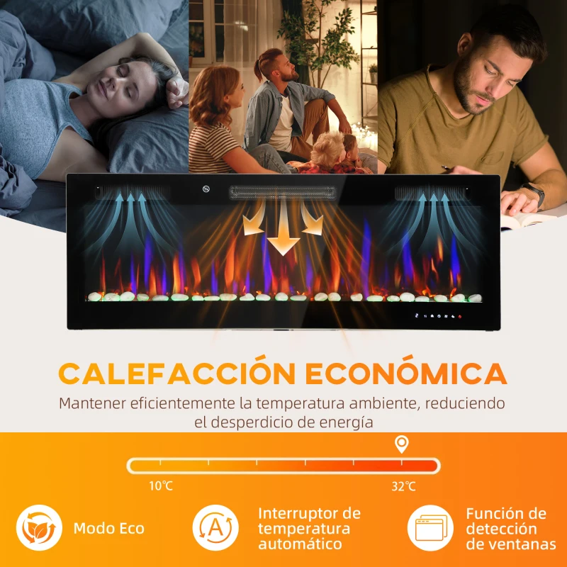 HOMCOM Chimenea Eléctrica Pared Empotrable Ultrafina con Llama 3D Brillo/Velocidad Ajustable y 12 Colores Guijarros 900/1800W