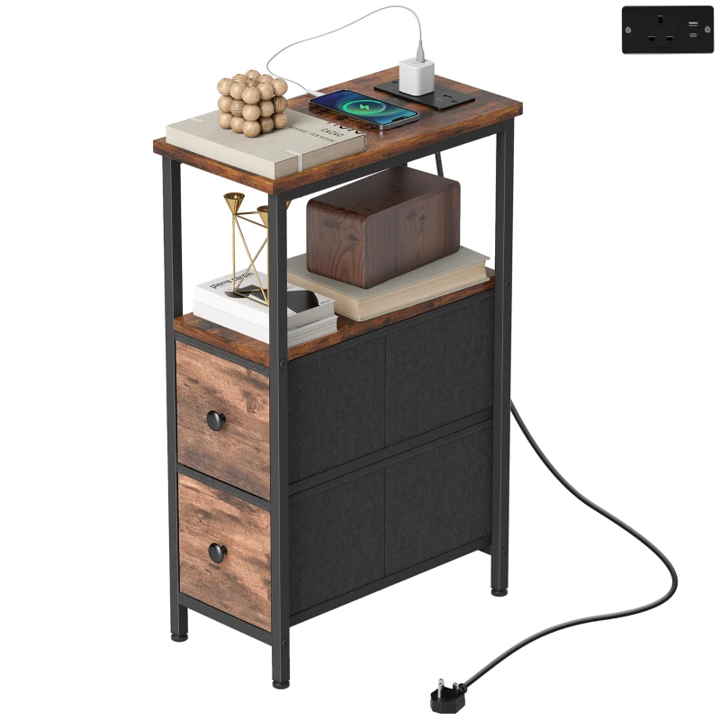 HOMCOM Tavolino da divano con stazione di ricarica, telaio in acciaio, 2 cassetti in tessuto, vano aperto, 20cm x 40cm x 63cm, Rustico-Marrone