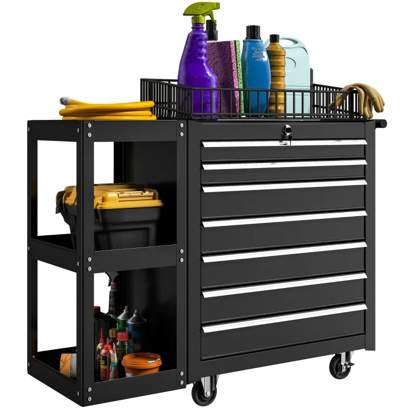 HOMCOM Workshop Trolley Tool Cart with 7 Drawers Removable Side Shelf 4 Casters with Brake, 96x33.5x75cm, Black