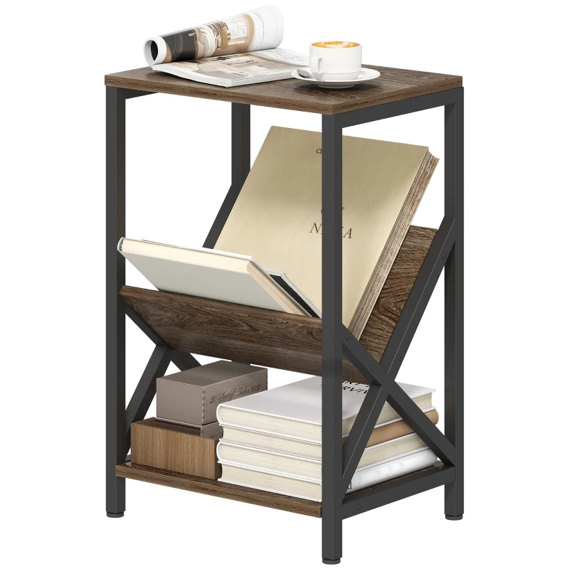 HOMCOM Narrow Side Table, End Table with 3-Tier Storage, V-Shaped Magazine Holder for Living Room, Bedroom, 40 x 30 x 61cm, Oak