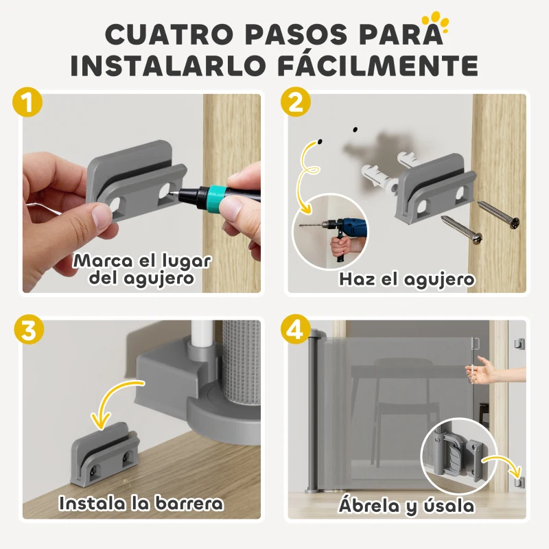 PawHut Barrera de Seguridad para Perros Retráctil con Interruptor de Cierre para Puertas Escaleras Pasillos 142x10x87 cm Gris