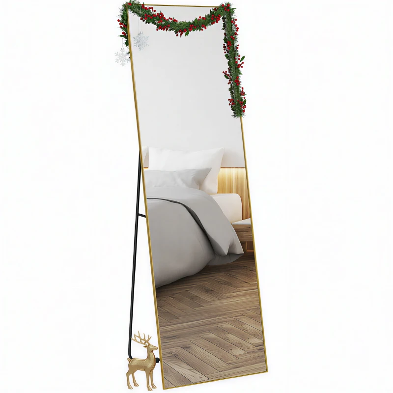 HOMCOM Grand miroir pleine longueur rectangulaire, 50 x 160 cm, miroir sur pied, mural ou pocé contre mur, doré