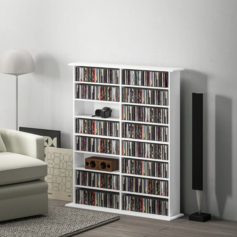 HOMCOM Rangements pour CD et DVD avec 16 compartiments et 12 étagères réglables, capacité max. 720 CD/396 DVD et Blu-ray, blanc