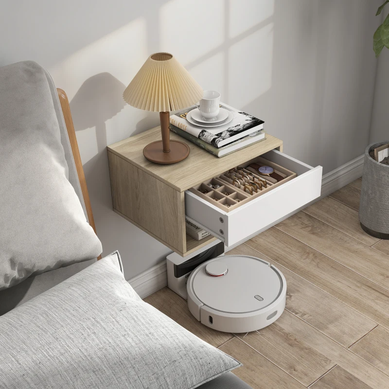 HOMCOM Conjunto de 2 mesas de cabeceira murais, mesas de noite, gaveta, compartimento aberto, tampo, 37 x 32 x 21 cm, madeira natural