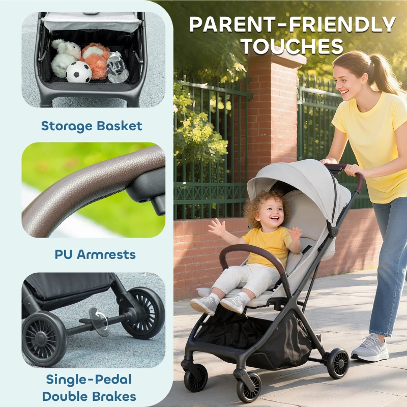 AIYAPLAY Foldable Baby Stroller with Adjustable Seat, 5-Point Harness, Canopy, Basket, 6.3kg Lightweight & Compact, Light Grey