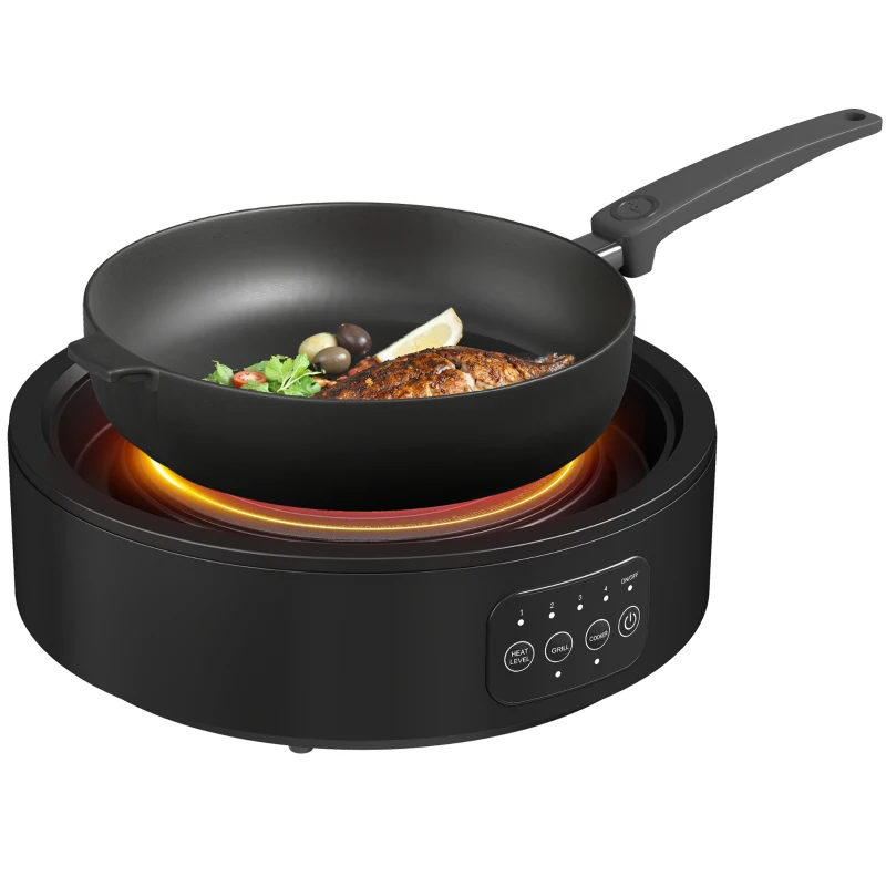 HOMCOM Electric Ceramic Hob with Grill Plate, Multifunctional 36cm Plug in Electric Hob with 4 Heat Levels for All Type Pot