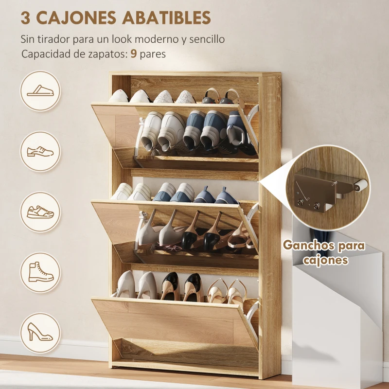 HOMCOM Zapatero Entrada Recibidor con 3 Puertas con Espejo Zapatero Estrecho para 9 Pares de Zapatos 65x17x114,5 cm Natural