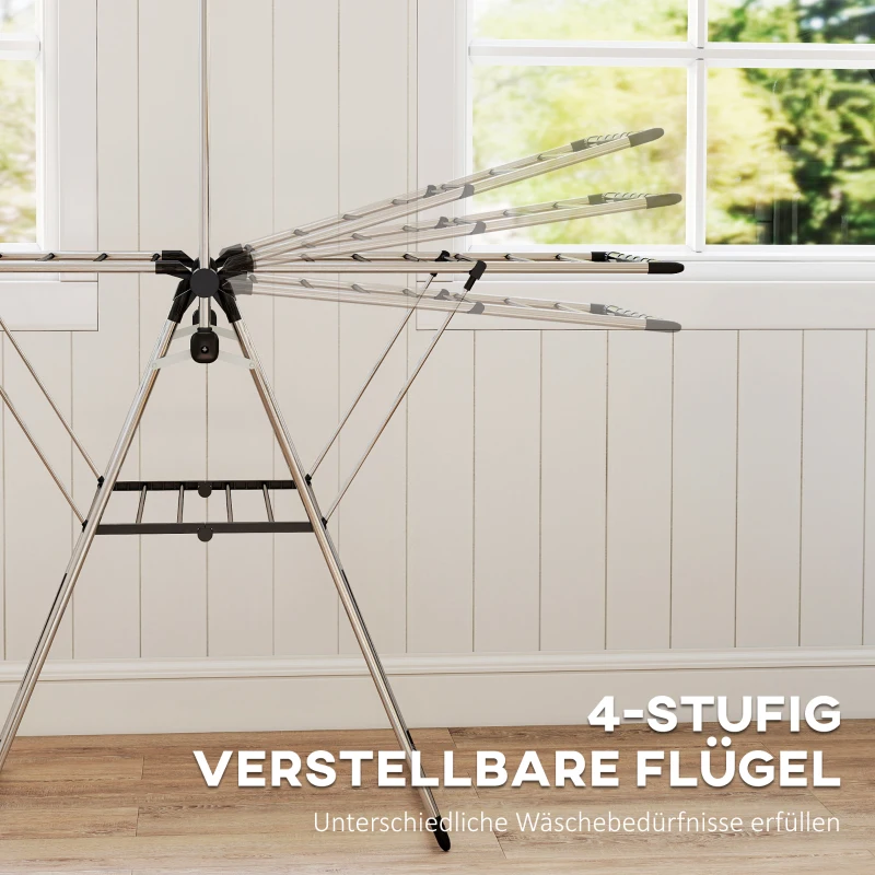 HOMCOM Wäscheständer faltbar Standtrockner mit verstellbare Flügel, Schuhhaltern, Edelstahl, 156,5 x 68 x 192 cm, Silber