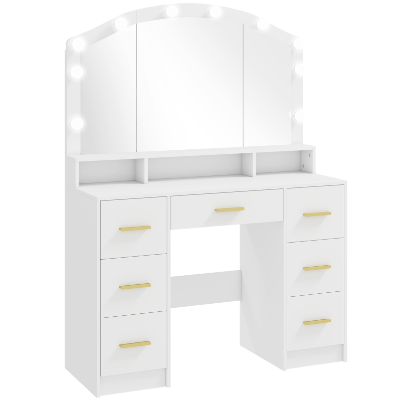 HOMCOM Tocador de Maquillaje con Luces LED de 3 Colores Tocador con Espejo 7 Cajones y 3 Compartimentos Blanco