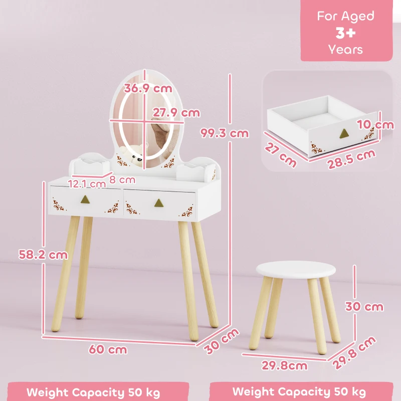 AIYAPLAY Kids Vanity Table and Chair Set with 3-Colour LED Lights Mirror, Drawer, Storage Boxes, for 3+ Years, White