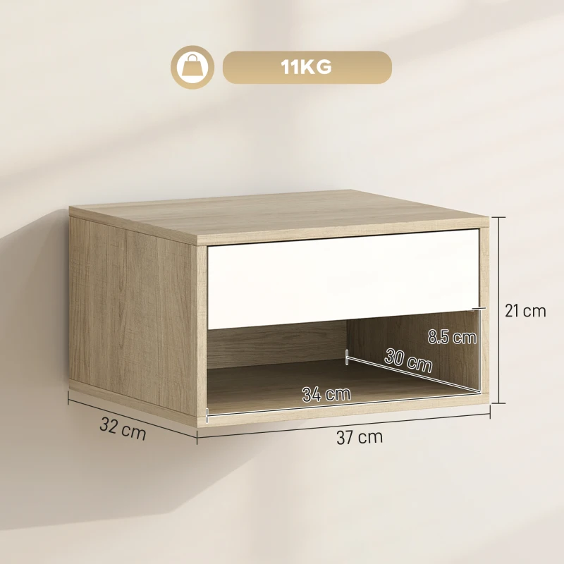 HOMCOM Set de 2 noptiere montate pe perete, noptiere, sertar, compartiment deschis, blat, 37 x 32 x 21 cm, lemn natural